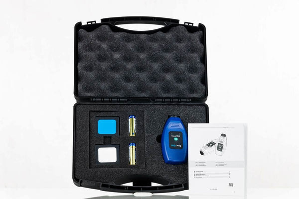 NexPTG paint thickness gauge full kit with calibration plates, batteries, and carrying case