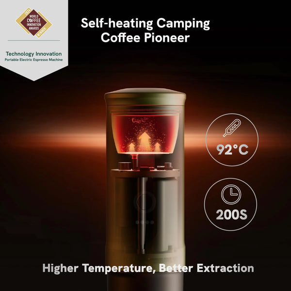 OutIn Nano portable espresso maker self-heating system reaching 92°C in 200 seconds for optimal extraction