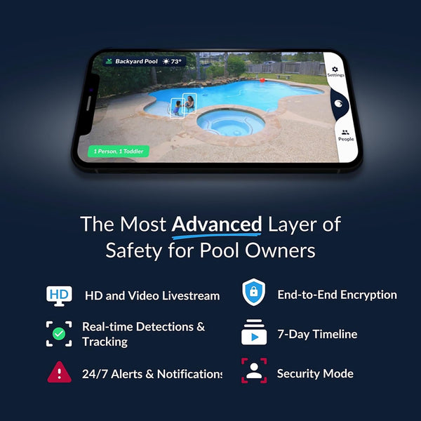PoolScout app interface showing HD livestream real time pool monitoring and safety alerts