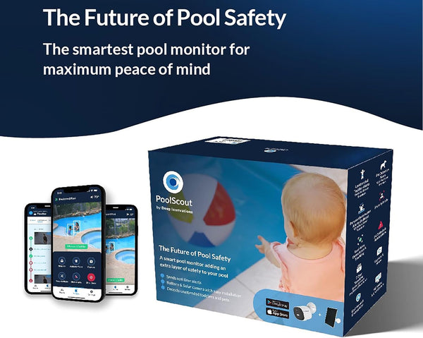 PoolScout smart pool safety monitoring system retail packaging with app and camera kit