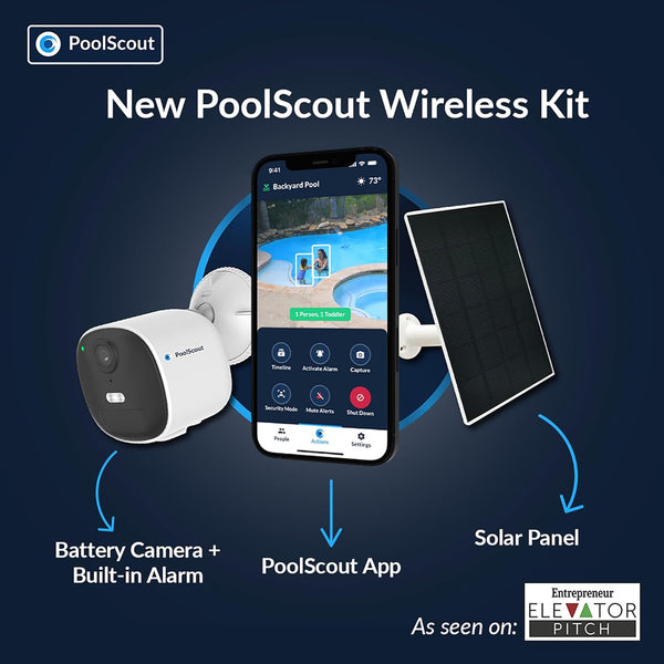 PoolScout wireless kit including battery powered pool camera solar panel and smartphone app