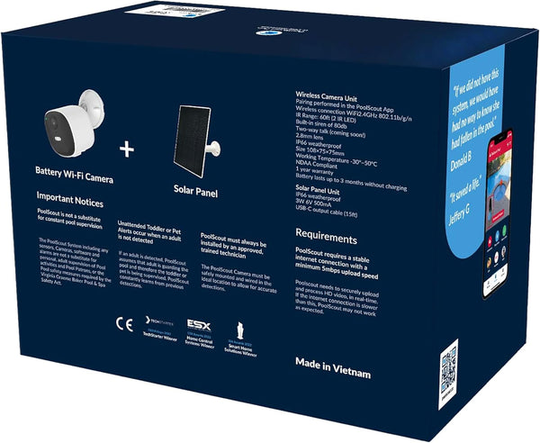 Rear side of PoolScout wireless pool camera kit box showing specifications and product details