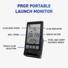 PRGR portable launch monitor labeled feature guide showing club speed, ball speed, smash factor, and carry modes