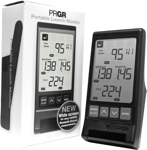 PRGR portable launch monitor with retail packaging box and digital performance display