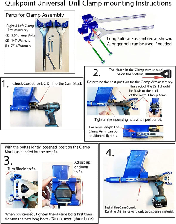 Step-by-step instructions for installing Quikpoint drill mount clamp kit on a drill for mortar gun use