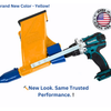 Quikpoint mortar gun drill attachment in yellow with cordless drill for mortar pointing applications