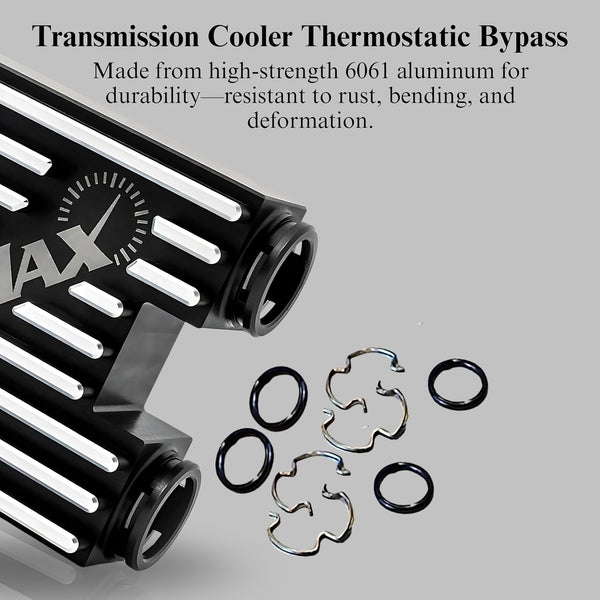 RevMax transmission cooler thermostatic bypass made from durable 6061 aluminum with installation hardware
