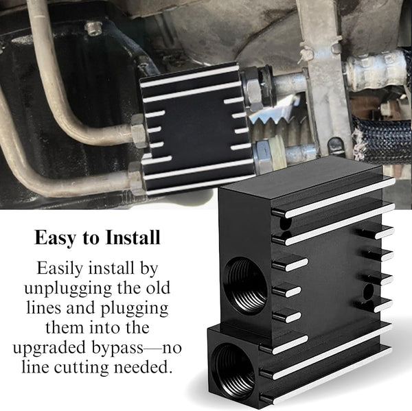 Installed RevMax transmission cooler bypass valve connected to transmission cooling lines