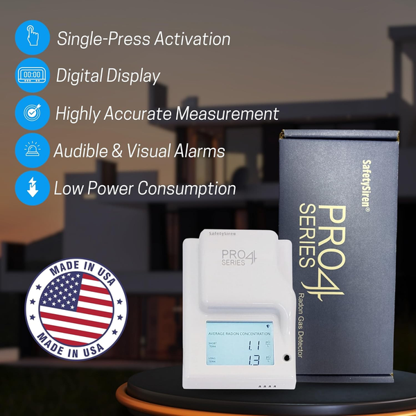 SafetySiren PRO4 radon detector showing features like digital display, alarms, and high accuracy monitoring