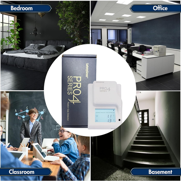 SafetySiren PRO4 radon detector suitable for bedroom, office, classroom, and basement monitoring