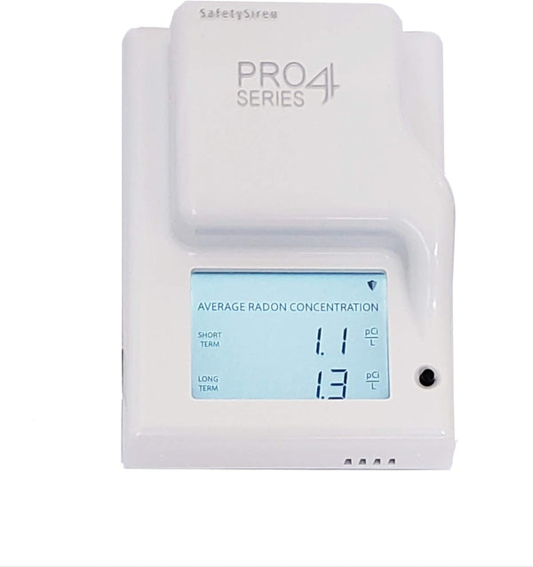 Close-up of SafetySiren PRO4 showing average radon concentration readings on digital screen