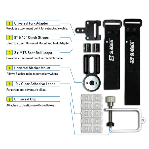 Slacker sag tool kit with mounting accessories straps adapters and clips for motorcycles