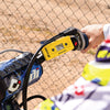 Slacker sag tool showing real time suspension sag readings on motorcycle handlebar