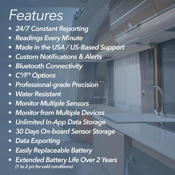 Smart temperature and humidity sensor features including real time reporting alerts Bluetooth connectivity and long battery life