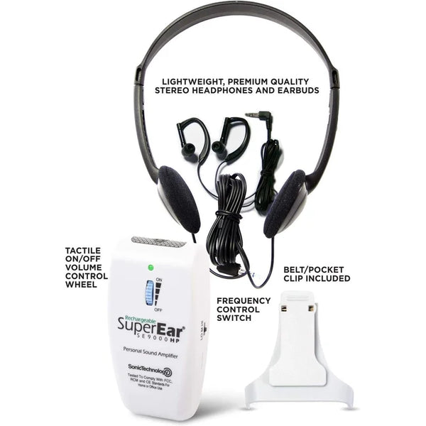 SuperEar SE9000HP features including headphones earbuds volume control and belt clip