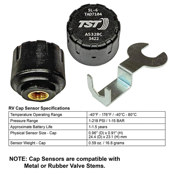 TST 507 cap sensor specifications showing pressure range, temperature range and battery life