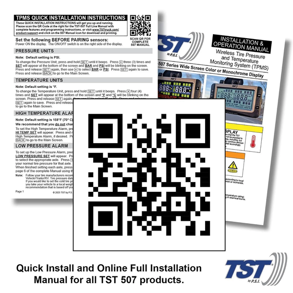 TST 507 TPMS installation instructions manual with QR code for setup guide