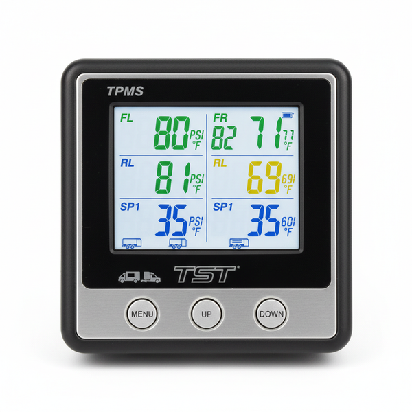 TST TPMS monitor showing real time tire pressure and temperature readings