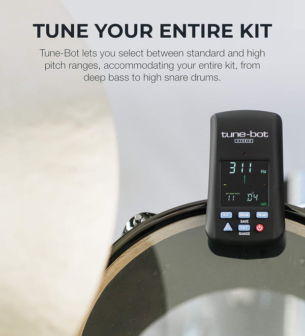 Tune-Bot Studio clip on drum tuner measuring pitch and filtering overtones easily