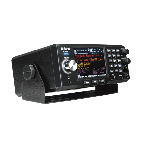 Views of the Uniden Bearcat SDS200 police scanner with color display and function keys