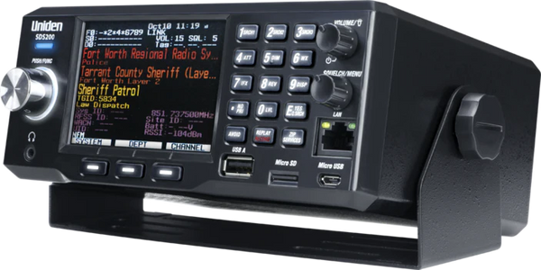 Views of the Uniden Bearcat SDS200 police scanner with color display and function keys