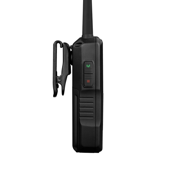 Uniden SDS100 handheld scanner side profile with belt clip and control interface
