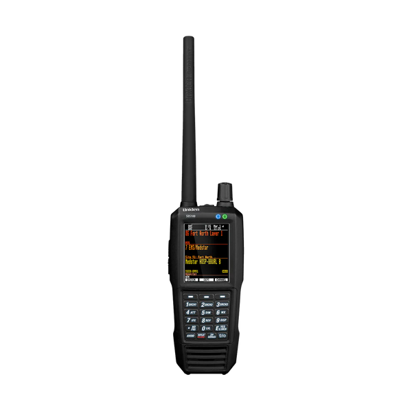 Uniden SDS100 handheld police scanner with wrist strap and antenna for portable scanning