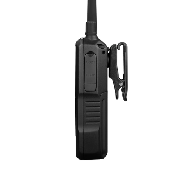 Uniden SDS100 side view showing USB ports, control buttons, and rugged handheld design