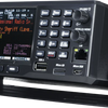 Uniden SDS200 digital police scanner front angled view showing color display keypad controls and desktop mounting bracket