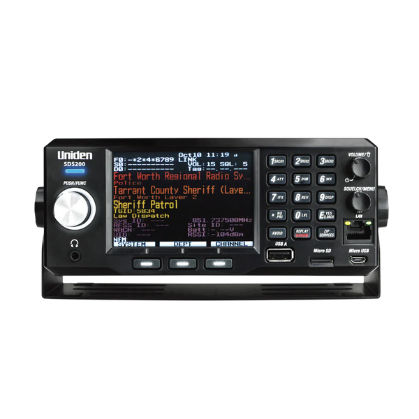 Uniden SDS200 digital trunking scanner front view with large display numeric keypad and control knobs