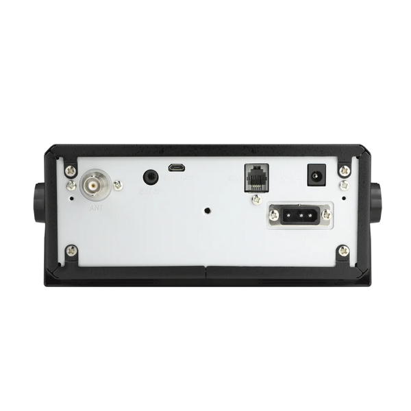 Uniden SDS200 rear panel showing antenna port LAN connection USB input and power connectors for base station setup