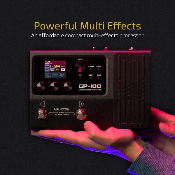 Valeton GP-100 compact multi effects processor handheld showing portable design and interface