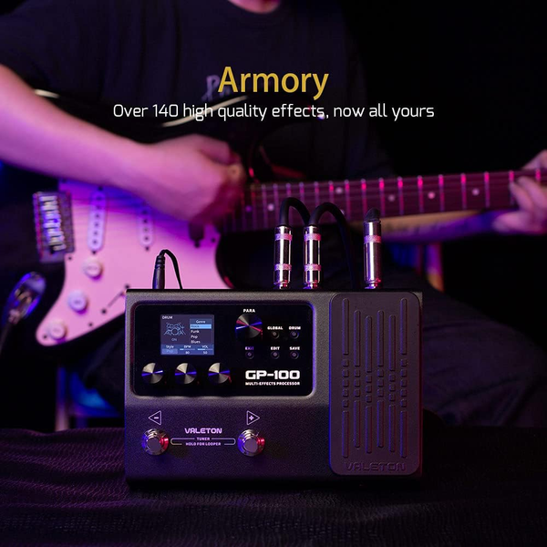 Valeton GP-100 multi effects processor connected to electric guitar during live playing setup