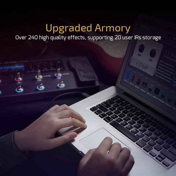 Valeton GP-200 multi effects processor connected to laptop for editing presets showing advanced effects and IR management