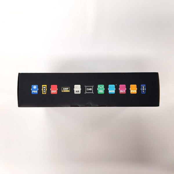 Valeton GP-200 packaging side showing effect modules icons including amp cab eq modulation delay and reverb