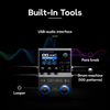 Valeton GP-50 multi effects pedal showing built in tools including looper drum machine USB audio interface and parameter knob