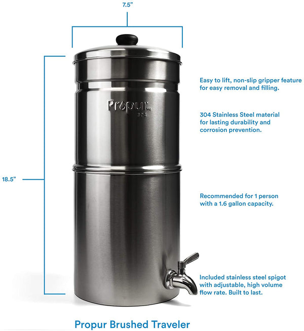 Propur Traveler Brushed Countertop Gravity Water Filter System Includes 1 ProOne 5-inch Filter Element