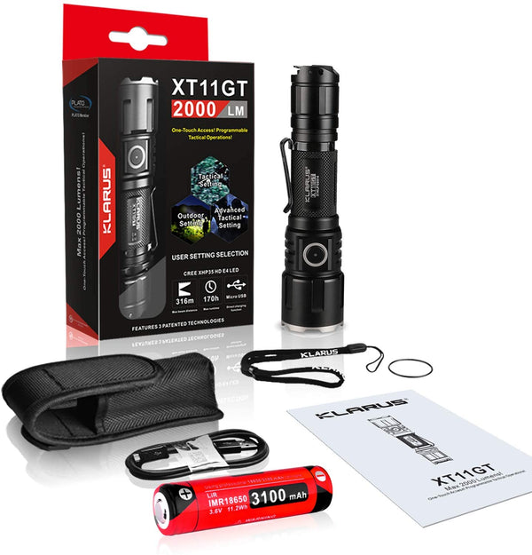 Klarus XT11GT 2000 Lumens Compact Rechargeable Tactical Flashlight, Beam Reach 316m, 18650 Battery, Triple Tactical Switch, Programmable Settings