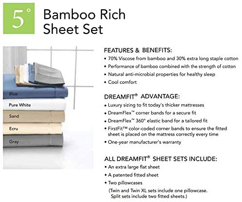 Dreamfit Grade 5 Natural Bamboo Cooling Sheet Set 100% Made in the USA (Grey, Queen)