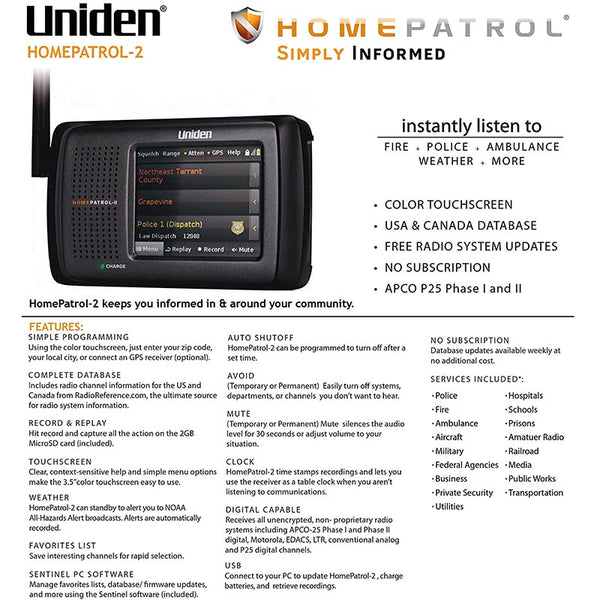 Uniden HomePatrol-2 Color Touchscreen Simple Program Digital Scanner, TrunkTracker V and S,A,M,E, Emergency/Weather Alert, APCO P25 Phase 1 and 2! Covers USA and Canada, Quick Record and Playback