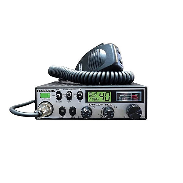 President Taylor FCC, 12/24V CB Radio, 40 Channels AM, Up/down Channel Selector, Volume Adjustment and ON/OFF, Multi-Functions LCD Display, S/RF Vu-Meter, Beep Function, EMG Programmable, Talkback