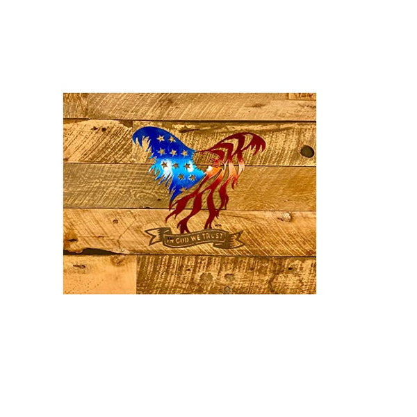 Precision Metal Art Laser Cut American Eagle Steel Wall Art with ‘in God We Trust’ Banner – 24” Patriotic 3D Wall Décor for Home or Office, Ideal for Indoor or Outdoor Use