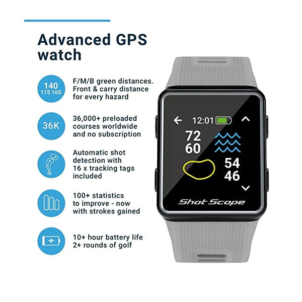 Shot Scope V3 GPS Watch - F/M/B + Hazard Distances - Automatic Shot Tracking - iOS and Android Apps - 100+ Statistics, Including Strokes Gained - 36,000+ Pre-Loaded Courses - No Subscriptions