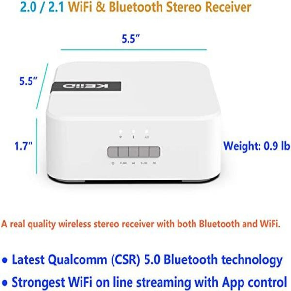 KEiiD WiFi & Bluetooth (CSR 5.0) Wireless Stereo Receiver for 2.0/2.1 Home Audio System Optical S/PDIF RCA Subwoofer Output, Multi Room Digital Music System with App Control Clock Alarm & Sleep Timer