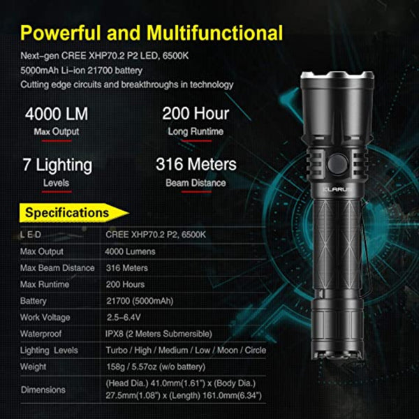 Klarus XT21X 4000 Lumens Rechargeable Advanced Tactical Flashlight, Beam Reach 316m, CREE XHP70.2 P2 LED, 5000mAh IMR 21700 Battery, Super Bundle