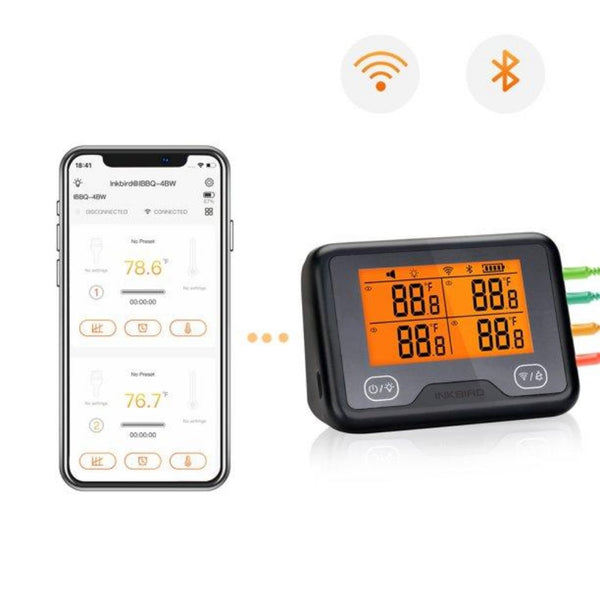 Inkbird Wi-Fi&Bluetooth Grill Thermometer IBBQ-4BW, Wireless BBQ Thermometer with 4 Probes, Timer, High/Low Temp Alarm, Digital Meat Thermometer for Smoker, Oven, Kitchen, Drum, Android&iOS