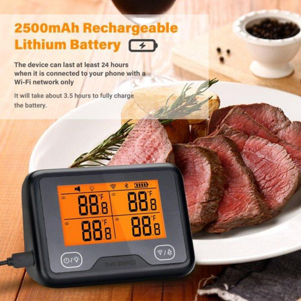 Inkbird Wi-Fi&Bluetooth Grill Thermometer IBBQ-4BW, Wireless BBQ Thermometer with 4 Probes, Timer, High/Low Temp Alarm, Digital Meat Thermometer for Smoker, Oven, Kitchen, Drum, Android&iOS