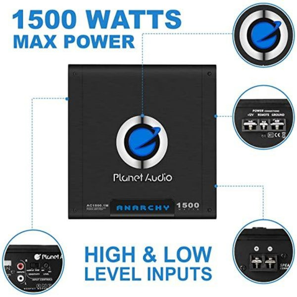 Planet Audio AC1500.1M Monoblock Car Amplifier - 1500 Watts Max Power, 2/4 Ohm Stable, Class A/B, Mosfet Power Supply, Remote Subwoofer Control