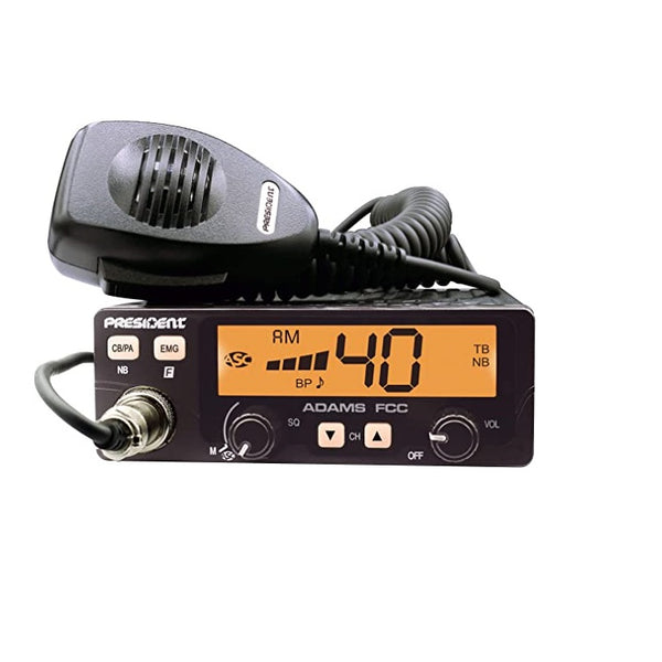 President Adams FCC CB Radio. Large LCD with 7 Colors, Programmable EMG Channel Shortcuts, Roger Beep and Key Beep, Electret or Dynamic Mic, ASC and Manual Squelch, Talkback
