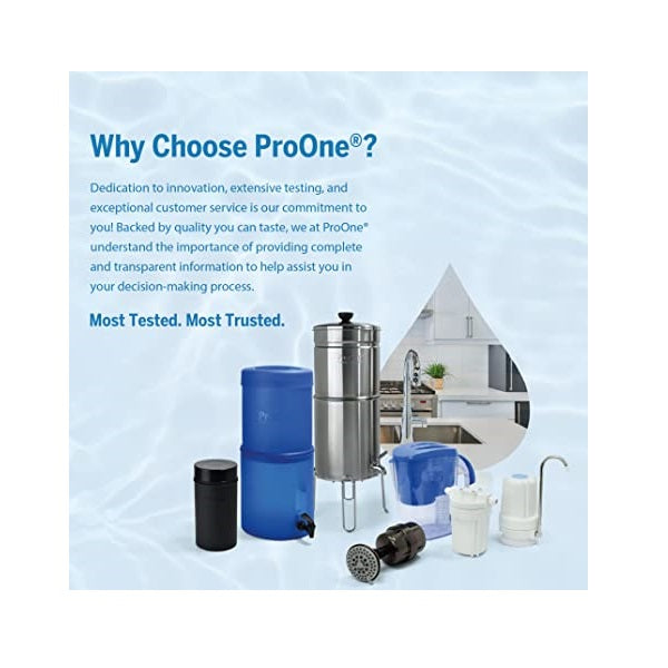 ProOne Traveler+ Stainless-Steel Gravity Water Filter System, 2.25-Gallon Water Capacity, Countertop Water Dispenser for Home, Camping, and Travel w/ 5-inch Filter & Wire Stand